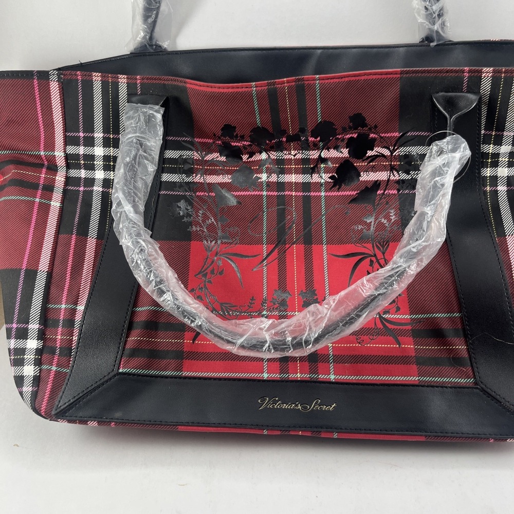 Victoria's Secret Red & Black Plaid Roses Design Tote Bag - NEW